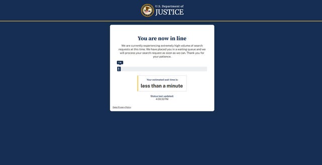 Screengrab take from the US Department of Justice showing a estimated queue wait time after files on disgraced paedophile financier Jeffrey Epstein were released