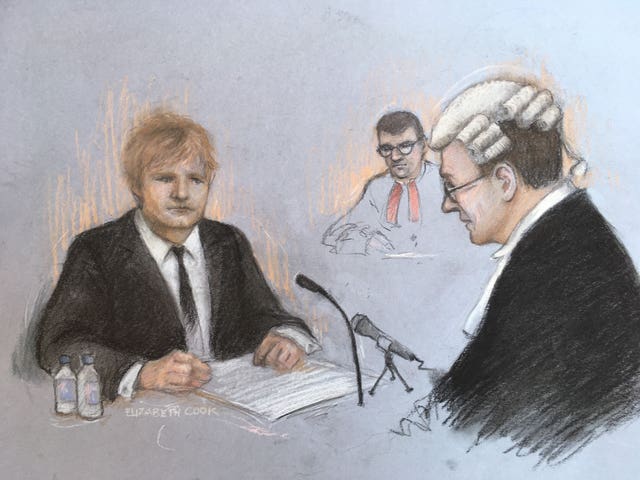 A court sketch of Ed Sheeran giving evidence at the hearing
