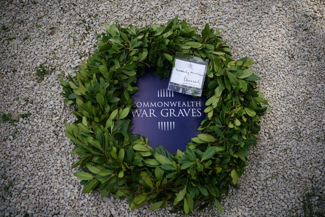 A wreath and card which reads 'Everlasting remembrance, Charles R' is laid by the Princess Royal at Seddel-Bahr Military Grave in the Gallipoli Peninsula, on behalf of the King, Colonel-in-Chief of The Royal Welsh, on the grave of Lieutenant Colonel Charles Doughty-Wylie VC