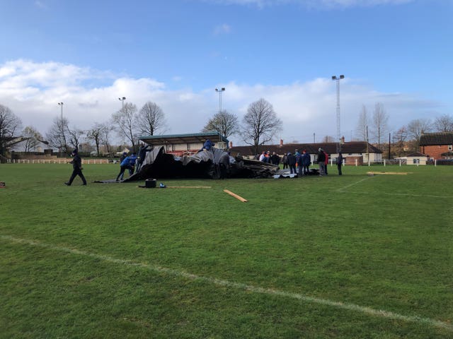 The clubhouse roof lies on the pitch at Chester le Street Town FC in County Durham