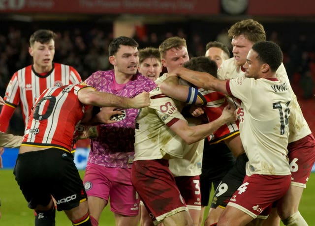 Sheffield United and Bristol City players clash as tempers flare in their match at Bramall Lane