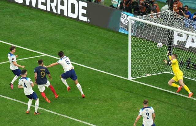 Olivier Giroud, centre left, scores France's winner against England