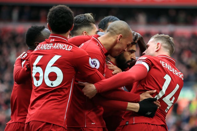 Liverpool celebrate Mohamed Salah''s wonder goal