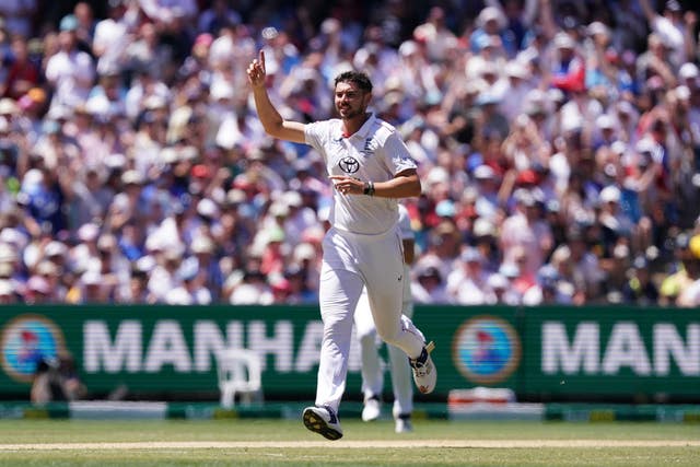 Josh Tongue celebrates a wicket ().