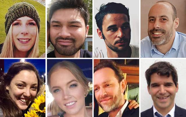 Top row left to right, Canadian Christine Archibald, James McMullan, Alexandre Pigeard, French chef Sebastien Belanger, bottom row left to right, Australian nurse Kirsty Boden, Australian Sara Zelenak, Xavier Thomas and Spanish banker Ignacio Echeverria (Metropolitan Police/PA)