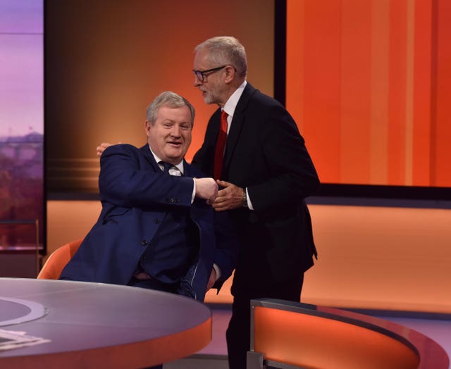 SNP Westminster Leader Ian Blackford greets Jeremy Corbyn on the BBC's Andrew Marr Show