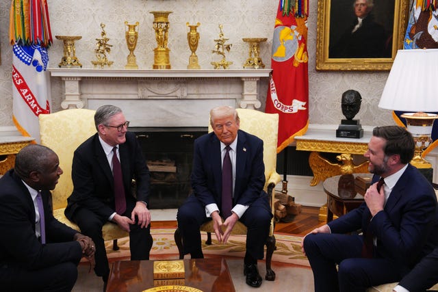 US President Donald Trump and US Vice President JD Vance meeting Prime Minister Sir Keir Starmer and UK Foreign Secretary David Lammy in the Oval Office