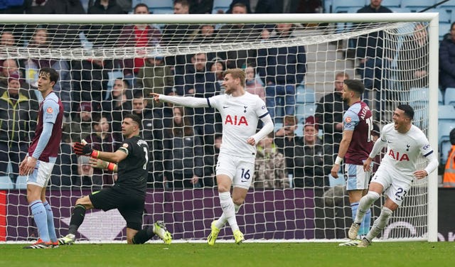 Timo Werner, centre, celebrates after scoring Tottenham's fourth goal at Aston Villa