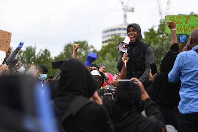 Actor John Boyega speaks at a Black Lives Matter protest rally in Hyde Park, London, in memory of George Floyd who was killed on May 25 while in police custody in the US city of Minneapolis 