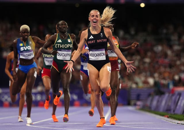 Keely Hodgkinson closes her eyes and celebrates her win