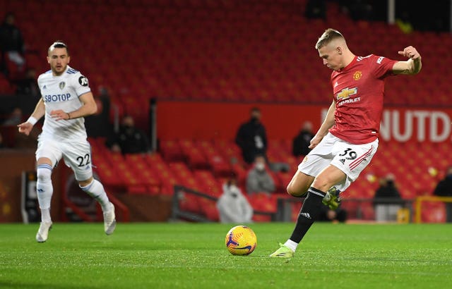 Manchester United's Scott McTominay scores his side's first goal against Leeds 