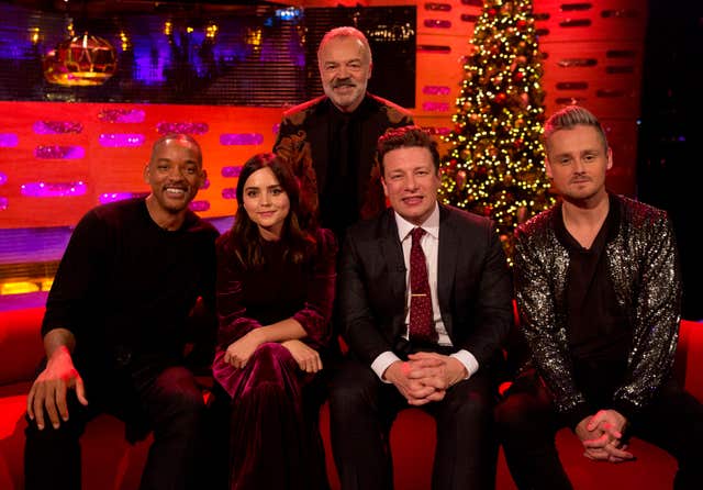 Will Smith, Jenna Coleman, Jamie Oliver and Tom Chaplin with Graham Norton (Isabel Infantes/PA)
