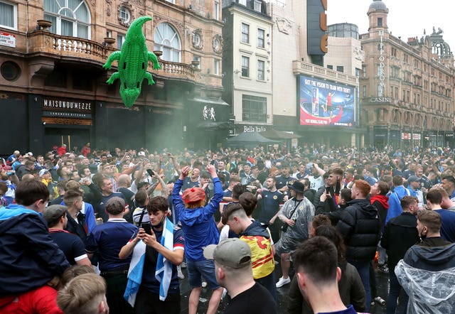 An inflatable crocodile was among the Scotland fans gathered in Leicester Square