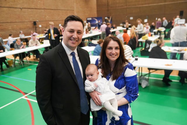 Conservative Party candidate Lord Ben Houchen with his wife Rachel Houchen and baby Hannah during a count of votes for the Tees Valley mayoral election in the Thornaby Pavilion, Stockton-on-Tees 