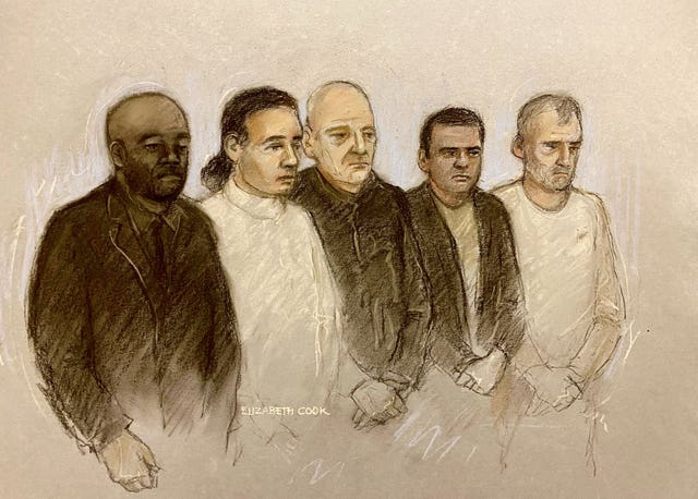 A sketch of (l to r) Norman Macksoni, Conner Sanderson Doyle, Richard Wilkins, Mohammed Hassan and Dean Hamilton at Swindon Magistrates’ Court
