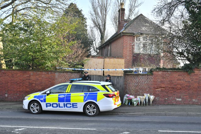 The scene outside the Cowick Lane property where the bodies of twins Dick and Roger Carter were discovered (Ben Birchall/PA)