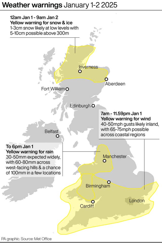 A PA graphic showing weather warnings for January 1 and 2