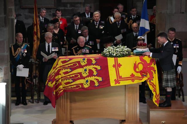 The Earl of Wessex, the Duke of York, the King, the Queen Consort, the Princess Royal and Vice Admiral Sir Tim Laurence attend the service at St Giles' Cathedral