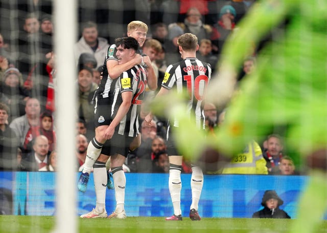 Lewis Hall celebrates scoring Newcastle's second goal of the night