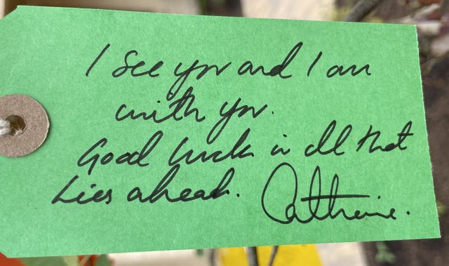 A handwritten note left by the Princess of Wales during a visit to the Hope Street residential community in Southampton, Hampshire, to officially open their pioneering community which will pilot a new approach to supporting women in the justice system (Ben Mitchell/PA)