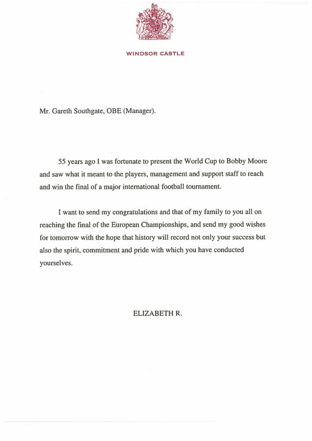 A copy of the letter sent by the Queen to England football manager Gareth Southgate