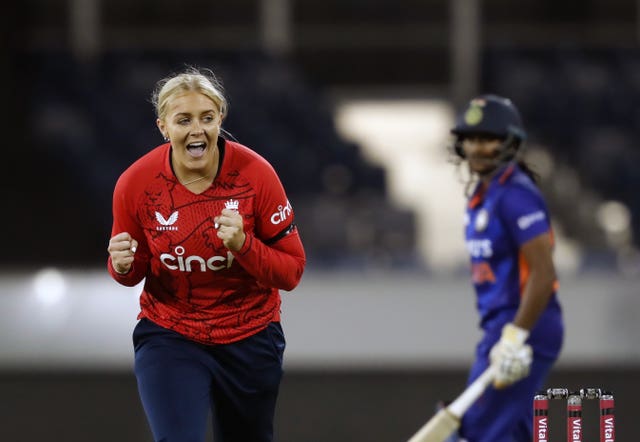 England’s Sarah Glenn celebrates the wicket of India’s Shafali Verma