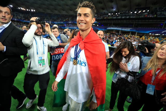 Real Madrid’s Cristiano Ronaldo celebrates winning the Champions League in 2018