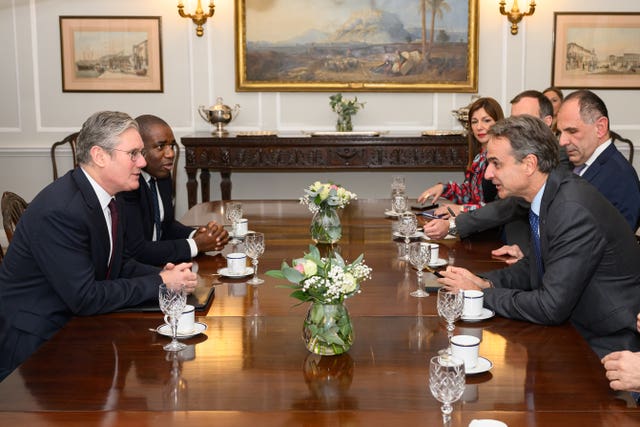 Labour Party leader Sir Keir Starmer (left) and then-shadow foreign secretary David Lammy (second left) during a meeting with Prime Minister of Greece Kyriakos Mitsotakis (right) in London in November 2023