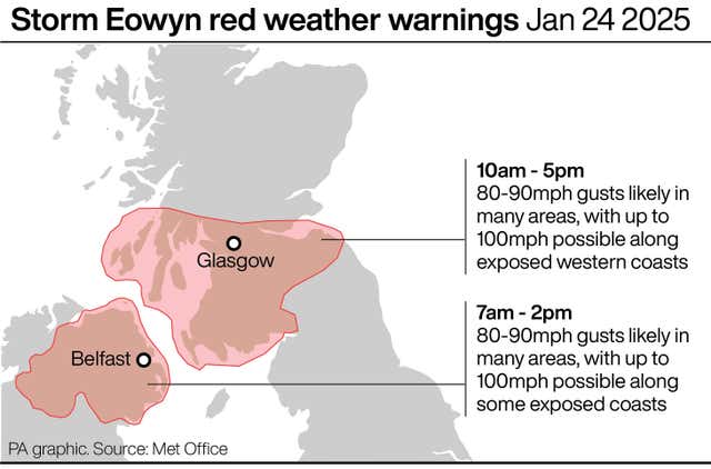 Map of UK with red weather warning areas highlighted