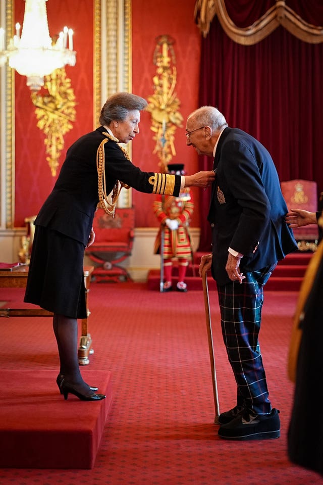 Geoffrey Roberts, from Peterborough, Battle of Arnhem Veteran, is made a Member of the Order of the British Empire by the Princess Royal at Buckingham Palace