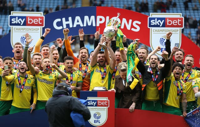 Norwich celebrate winning the Sky Bet Championship at Villa Park
