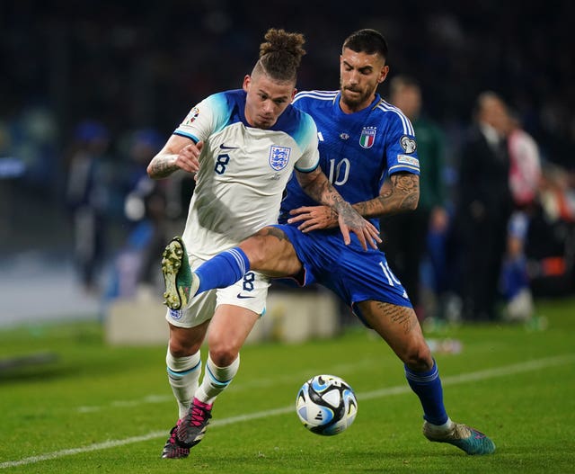 Kalvin Phillips, left, battles for the ball