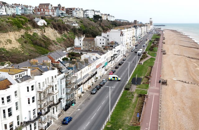 Aerial view of St Leonards seafront, with road closure in place