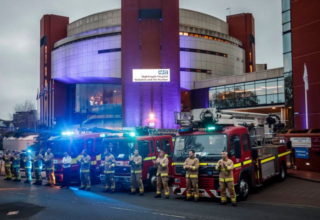 Firefighters clapped outside the new Nightingale Hospital at the Harrogate Convention Centre 