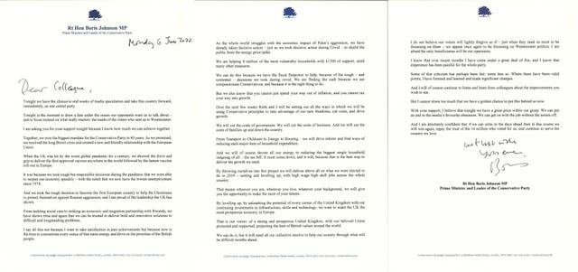 A letter written by Prime Minister Boris Johnson to Tory MPs