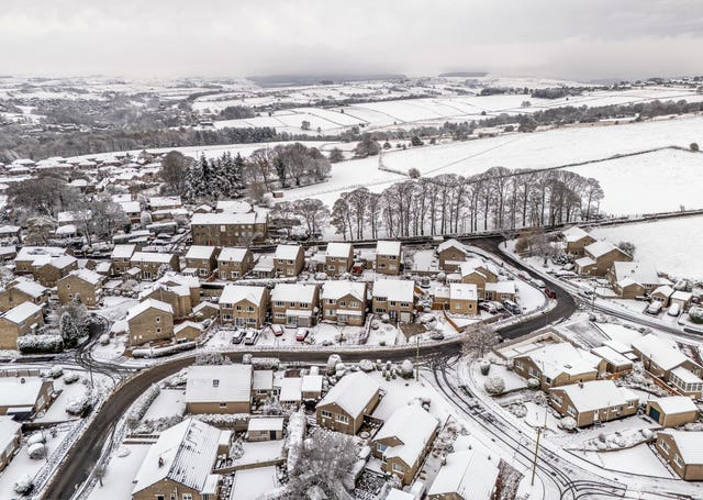 Aerial view of snow covering Holmfirth, West Yorkshire