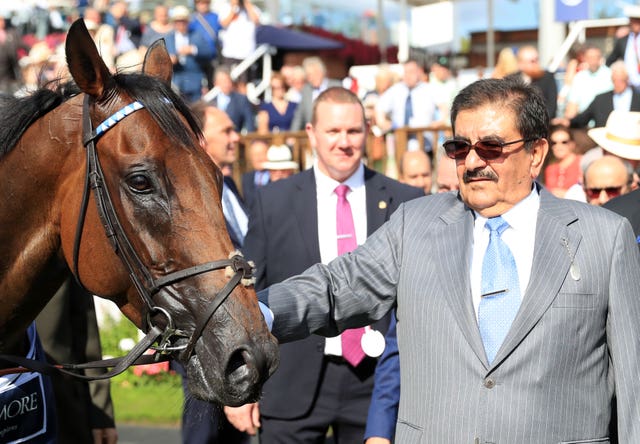 The late Sheikh Hamdan Al Maktoum with his mighty sprinter Battaash after victory in the 2019 Coolmore Nunthorpe at York