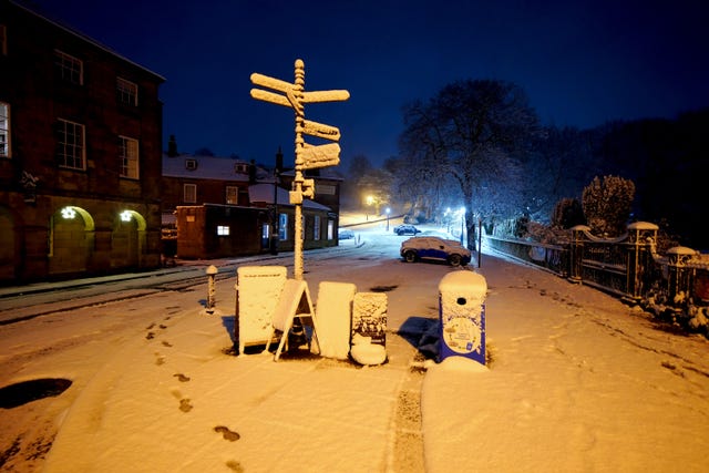 Snow-covered road signs in the dark