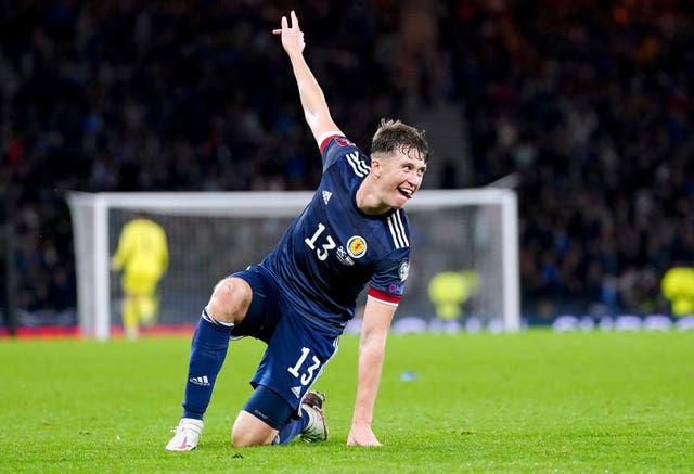 Scotland’s Jack Hendry celebrates after assisting team-mate Scott McTominay (not pictured) score their side’s third goal of the game during the FIFA World Cup Qualifying match at Hampden Park, Glasgow