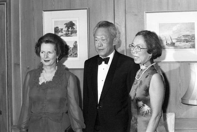 Lee Kuan Yew and his wife at 10 Downing Street with Margaret Thatcher (Archive/PA)