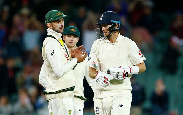 Nathan Lyon, left, and Joe Root exchange words in Adelaide in 2017