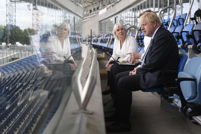 Prime Minister Boris Johnson and Culture Secretary Nadine Dorries during a visit to a stadium in Birmingham in 2022 