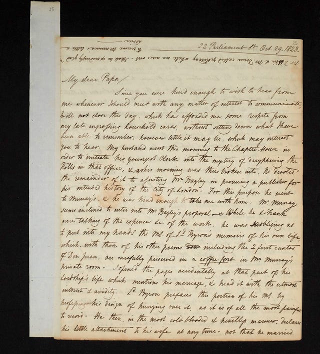 Page one of a letter dated October 29 1823 describing Lord Byron’s memoirs