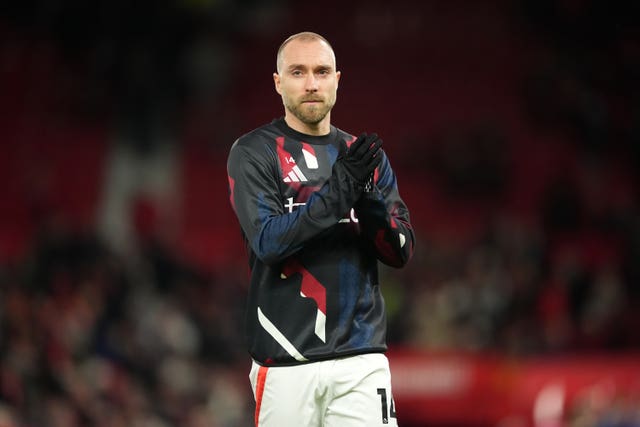 Manchester United’s Christian Eriksen during a pre-match warm up at Old Trafford