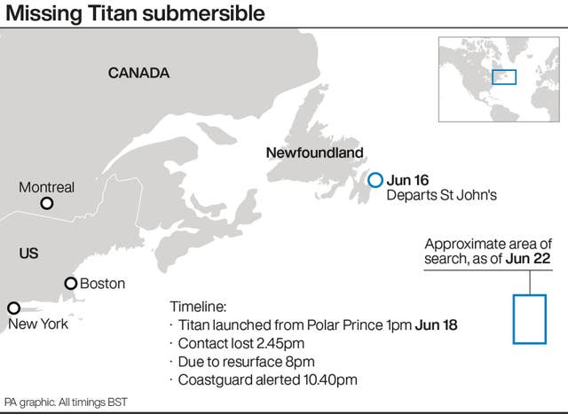 The Titan submersible locator map