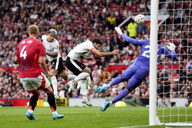 Luis Diaz heads Liverpool into the lead in their Premier League game at Manchester United