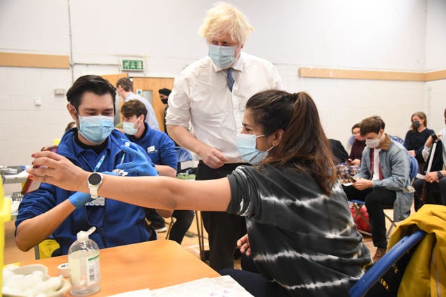 Boris Johnson during a visit to the Stow Health vaccination centre in Westminster