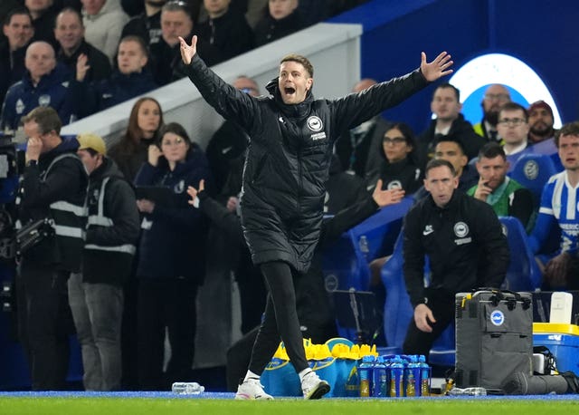 Brighton manager Fabian Hurzeler reacts on the touchline