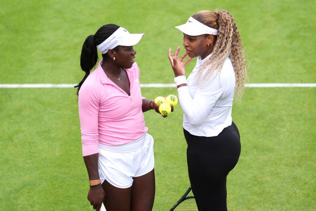 Serena Williams (right) and Victoria Mboko at Queen's on Sunday