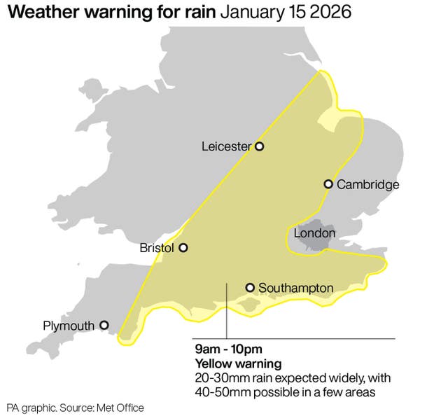 A PA graphic showing weather warnings for rain on January 15